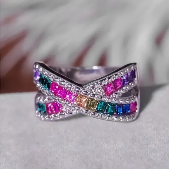 🩷 NEW stunning colorful crystal crisscross ring 🩷 - Picture 4 of 7